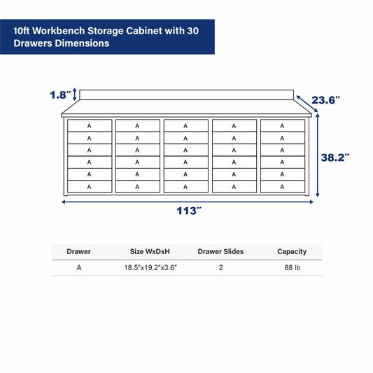 10ft Workbench Storage Cabinet with 30 Drawers