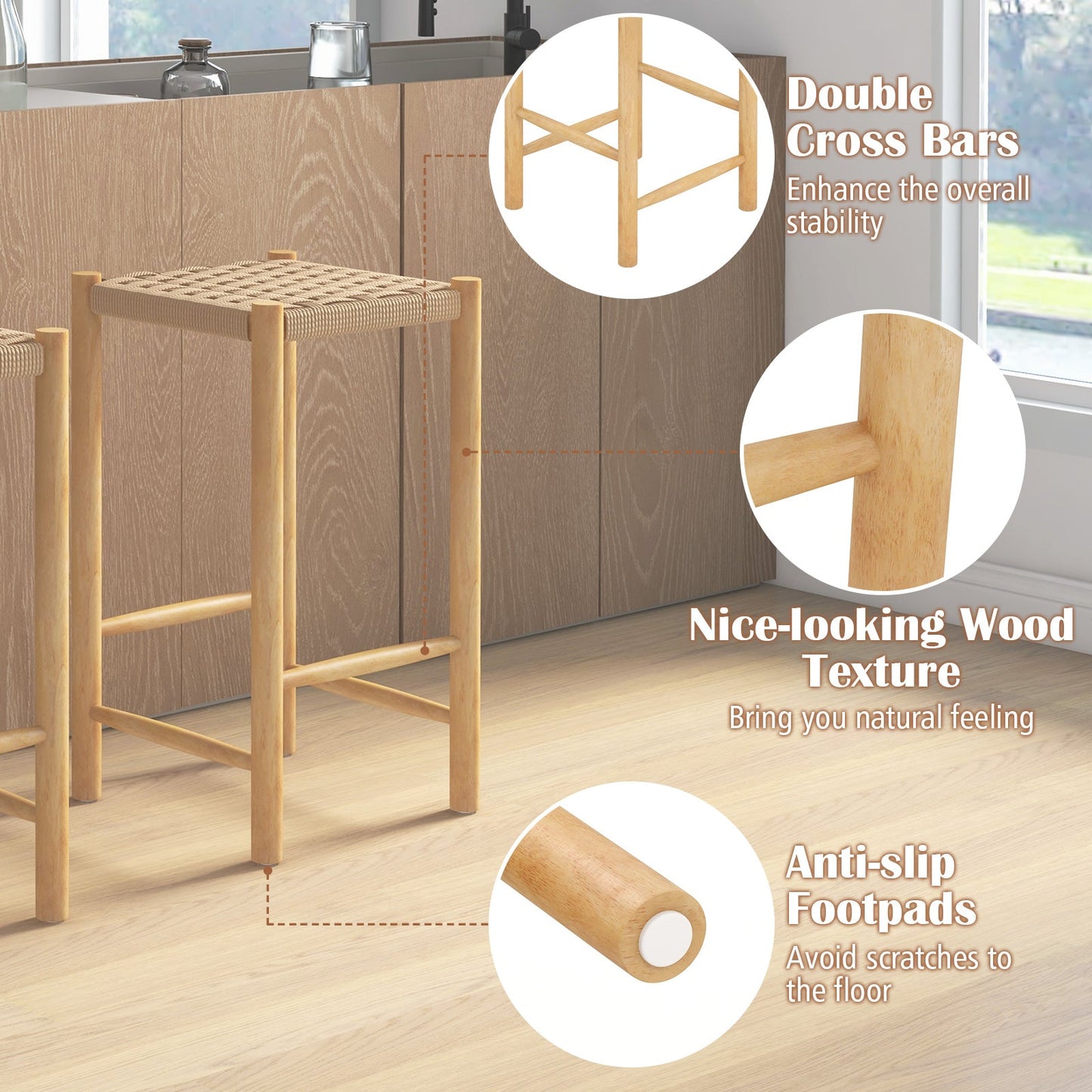 26 Inch Dining Bar Stool Set of 2-Natural