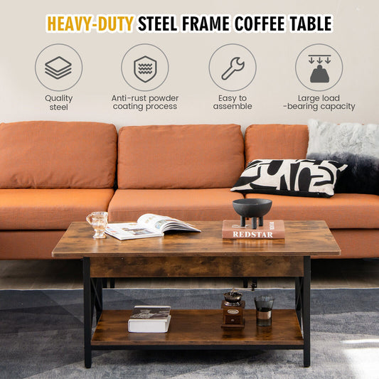 2-Tier Industrial Rectangular Coffee Table with Storage Shelf