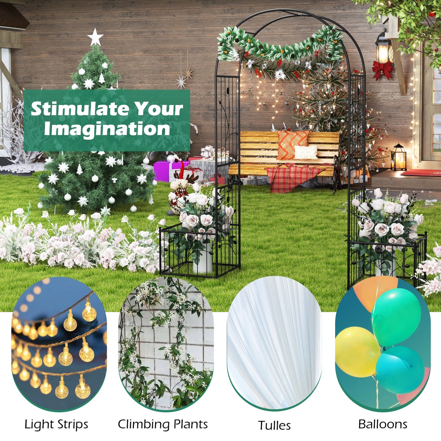 2 in 1 Garden Arbor with 2 Side Planters and 8 Ground Stakes-Black