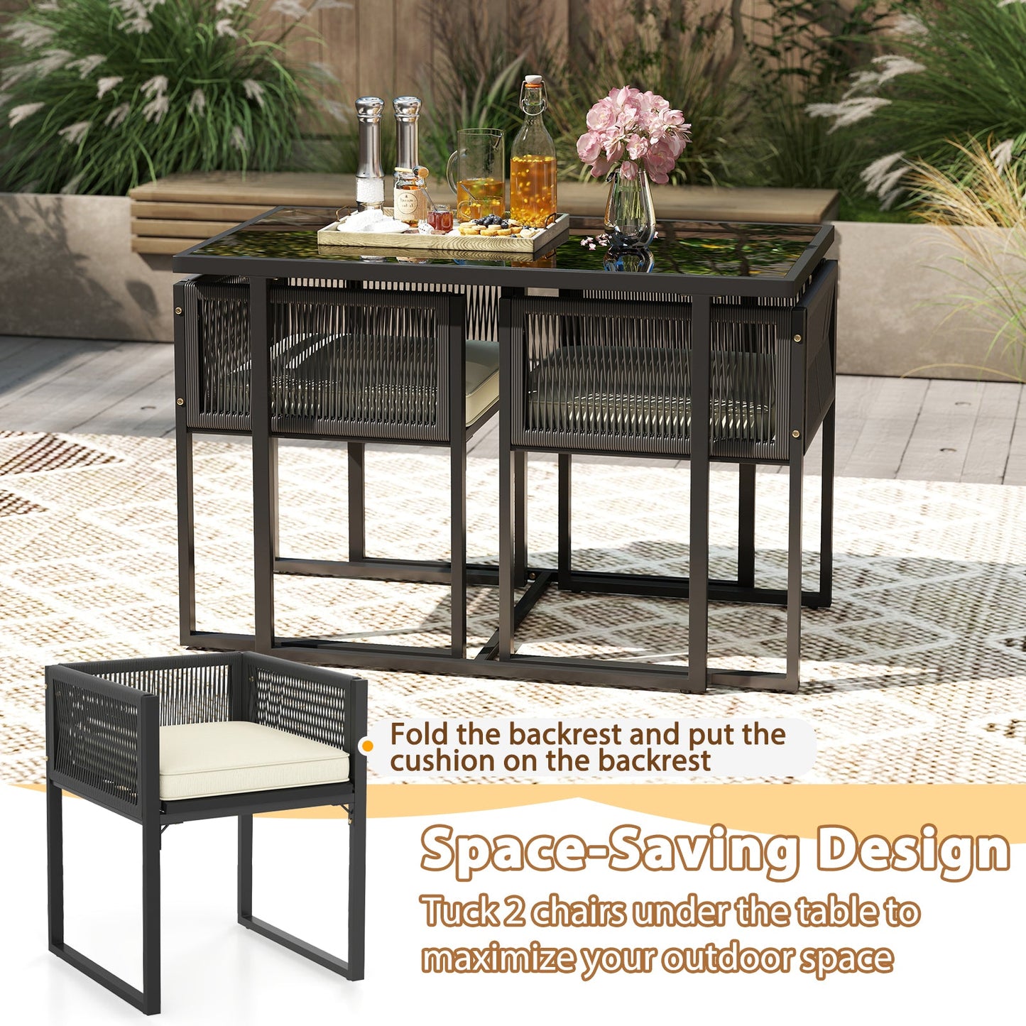 3 Pieces Patio Tempered Glass Top Table and Chairs Set for Porch Backyard-White