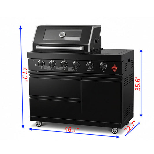 46" Four Burners Black Outdoor Kitchen Islands Grill + Side Burner