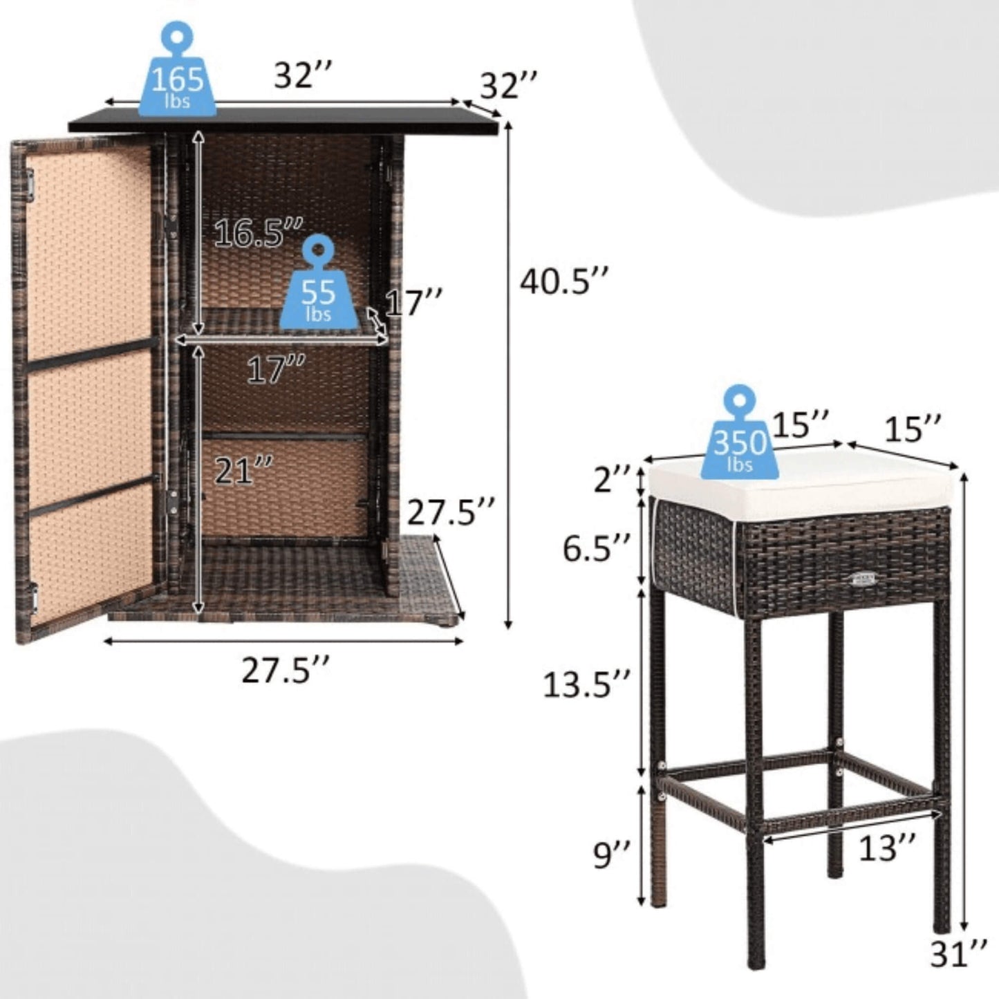 Alora 5-Piece Patio Rattan Bar Table Stool Set With Hidden Storage Shelf & Cushions (SAK14645)