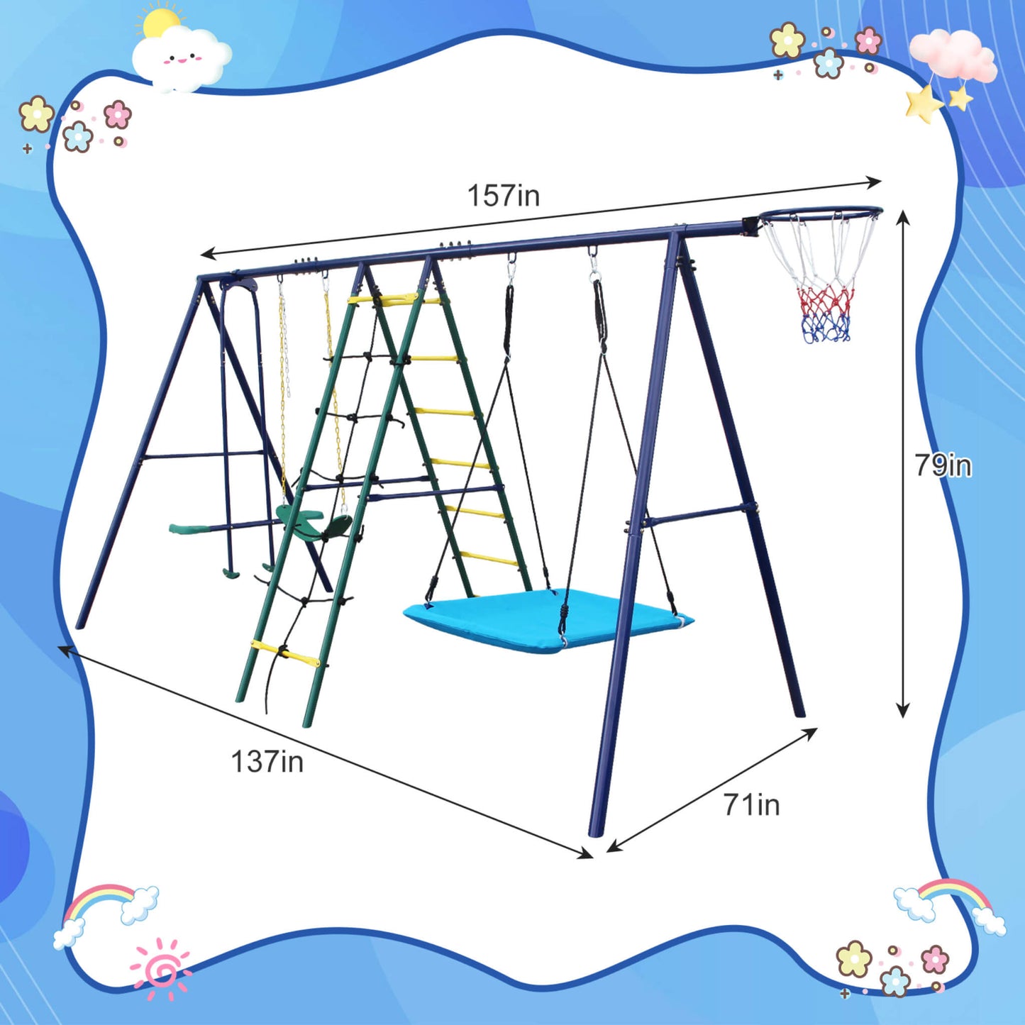 6-In-1 Outdoor Swing Set With Climbing Ladder Net And Basketball Hoop (SAK98152)