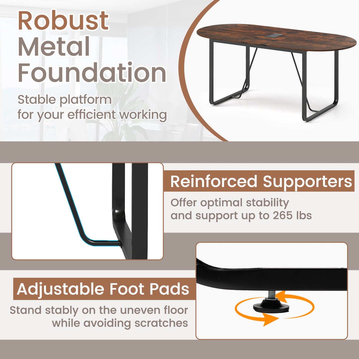 71 Inches Executive Table Oval Home Office Table with Cable Management Hole-Rustic Brown