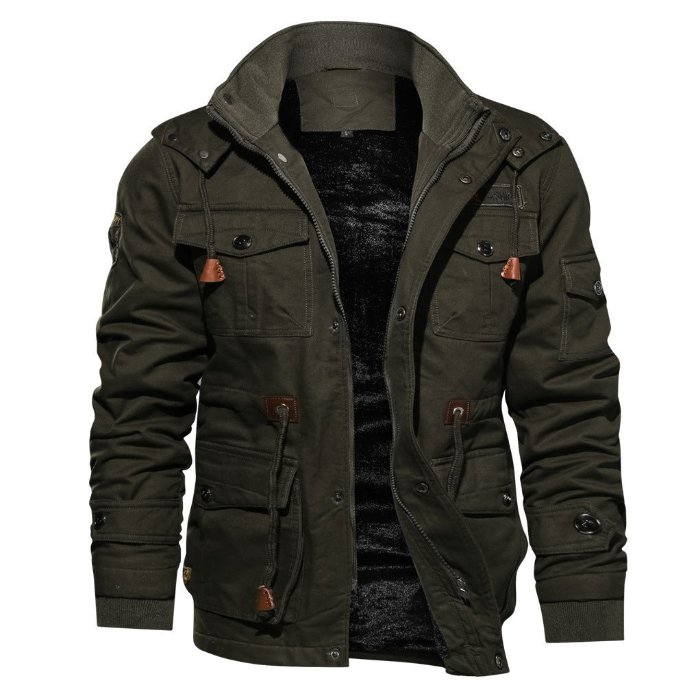 Winter Zip-up Coat Warm Thickened Detachable Hooded Jacket Multi-pocket Button Drawstring Long Sleeve Tops Men's Cargo Clothing