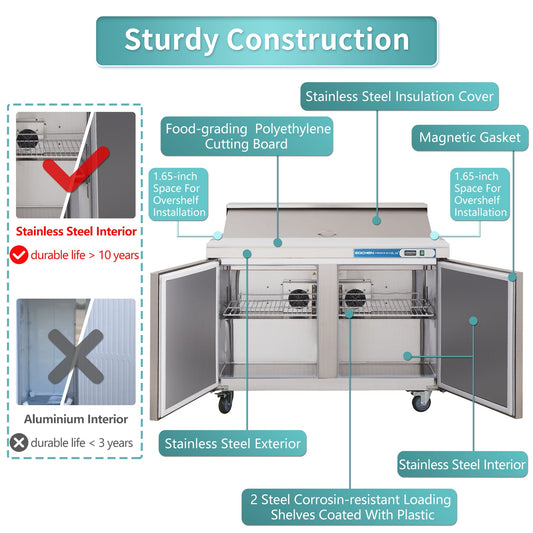 48 inch Salad Sandwich Prep Table Refrigerator, Stainless Steel Food Prep Cooler