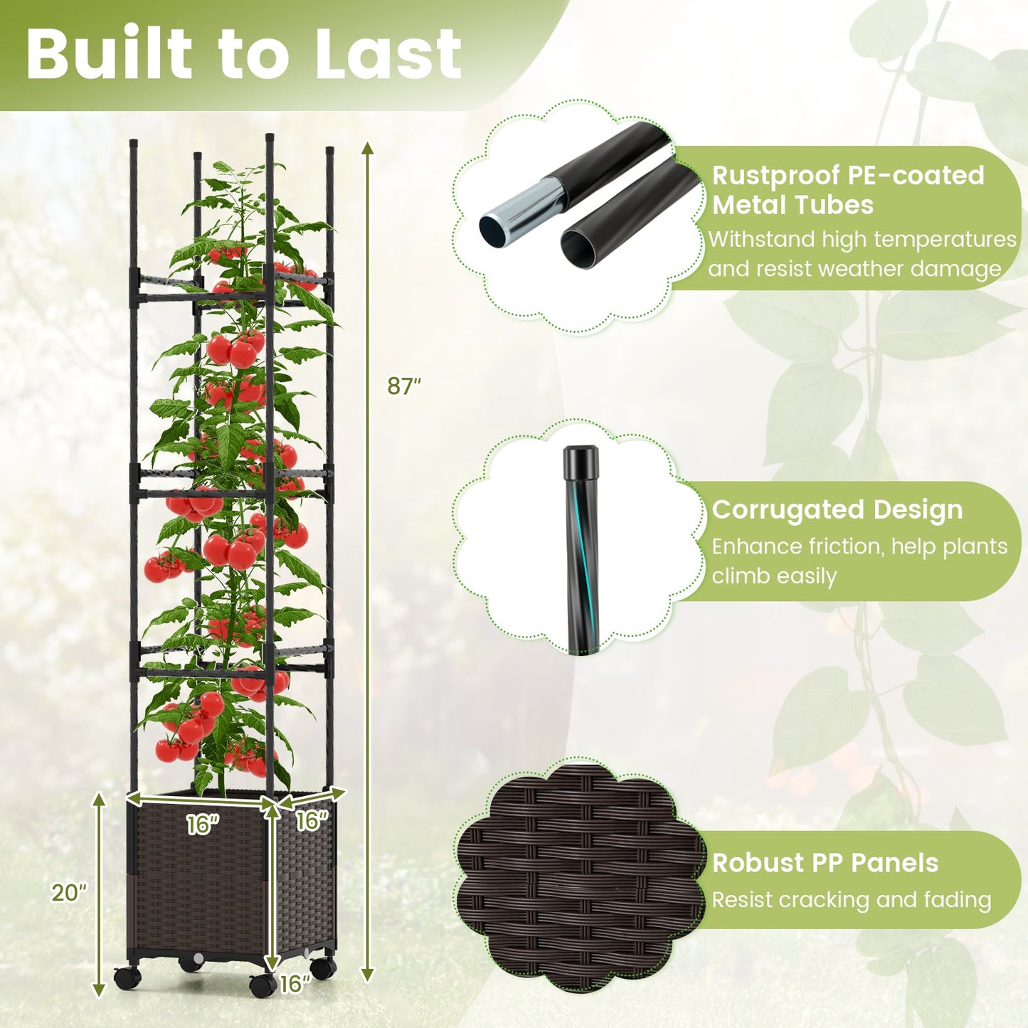 87 Inch Tall Raised Garden Bed with Plant Box Trellis and Lockable Wheels Adjustable Height