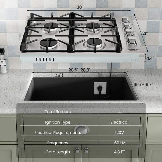 30/36 Inch Gas Cooktop with 4/6 Powerful Burners and ABS Knobs