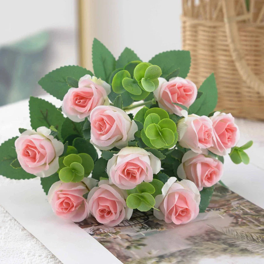 Artificial Flowers Vase for Home Decor Outdoor Garden Christmas Eucalyptus Leaves Fake Plants Wedding Party Silk Roses Bouquet