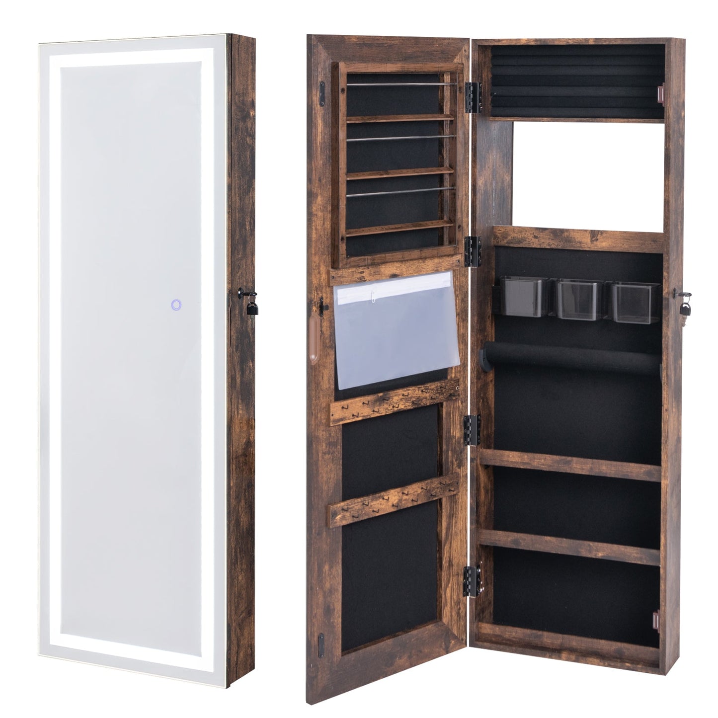 Mirrored Jewelry Armoire with Full Length Mirror and 2 Internal LED Lights