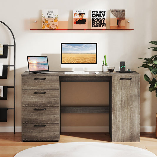 53 Inches Computer Desk with Power Outlets and 4 Storage Drawers