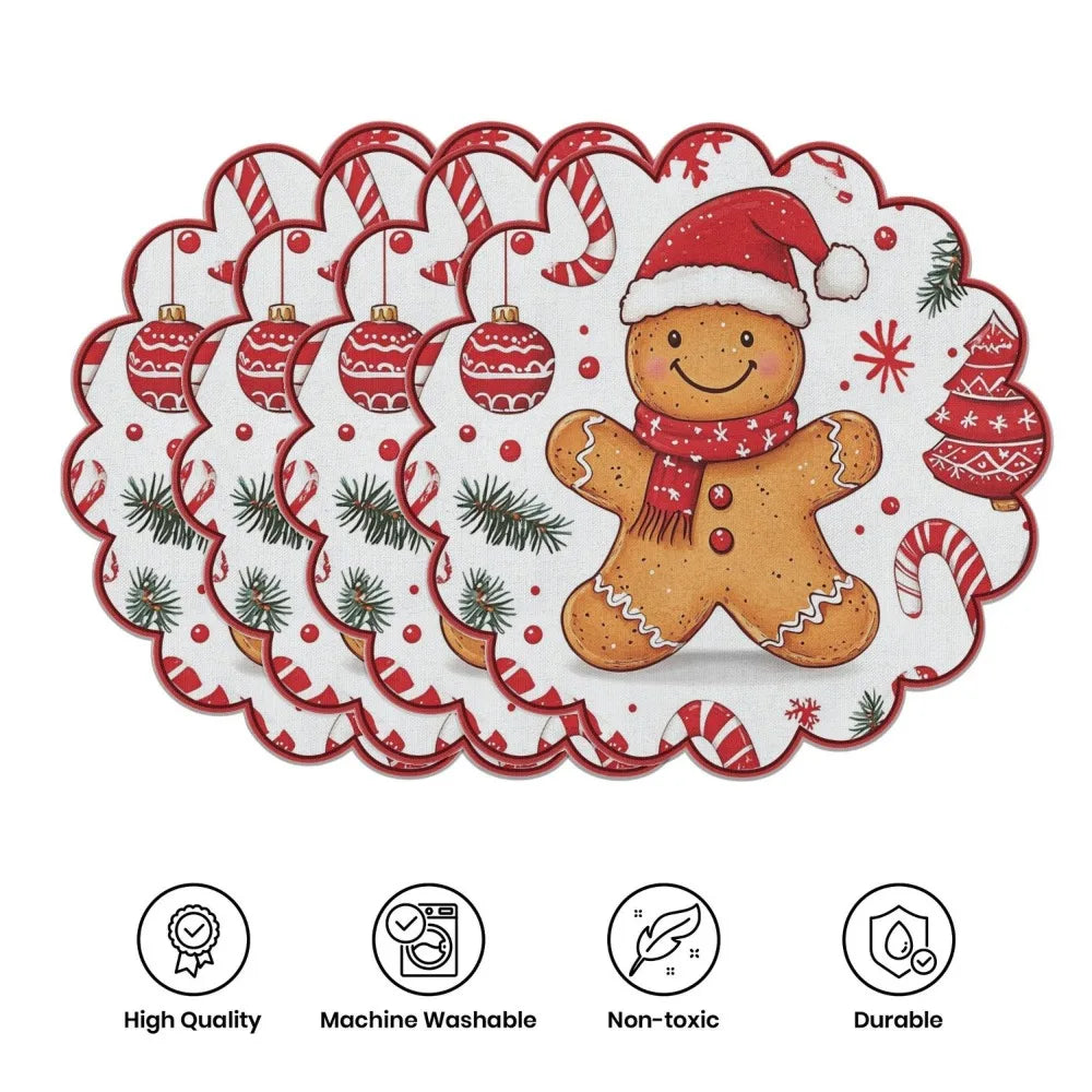 4PCS Christmas Circular Waves Placemats Non Slip Heat Resistant Table Mats Winter Dining Party Christmas Decor Round Tablecloth