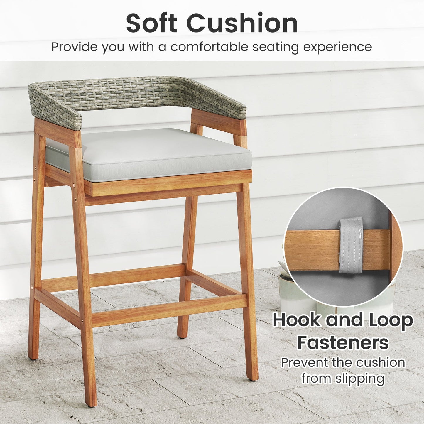 Set of 2 Patio Acacia Wood Counter Height Bar Stools with Cushions and PE Wicker Backrests Footrests-Gray