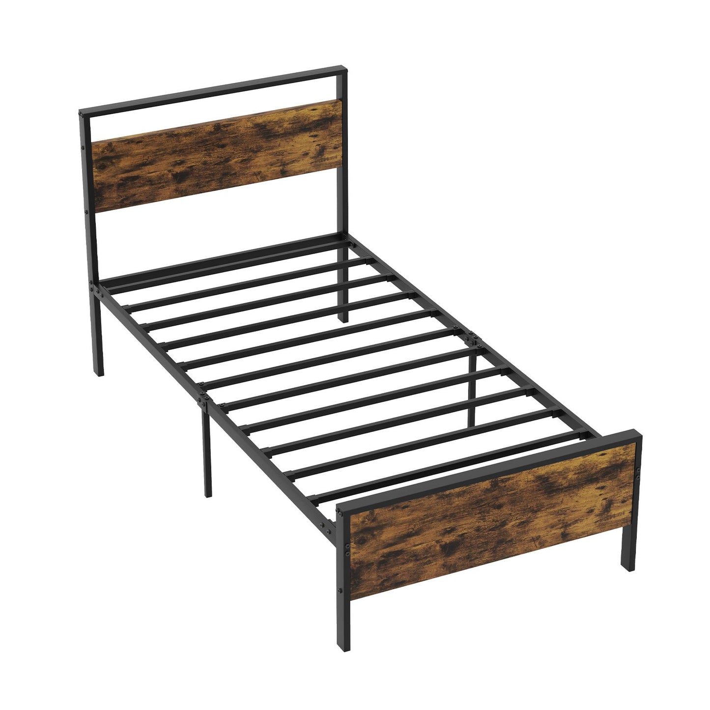 King Metal Bed Frame Industrial Platform Bed with Wooden Headboard