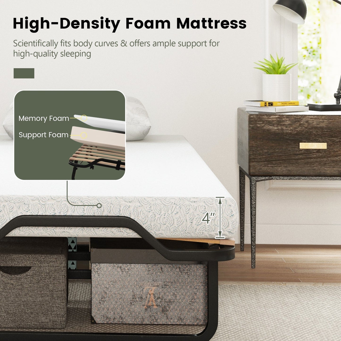Twin Size Folding Bed with Foam Mattress and Lockable Wheels
