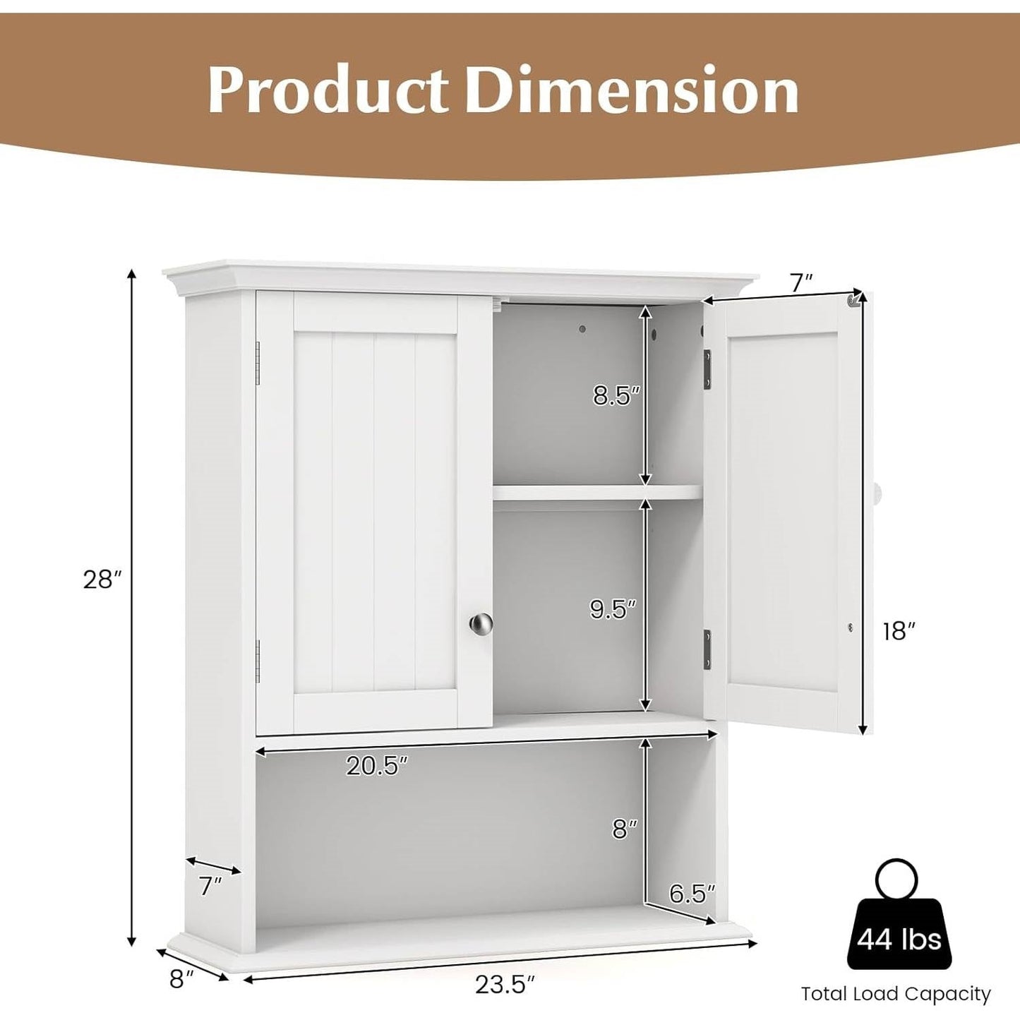 Wall Mounted Bathroom Medicine Cabinet with Open Storage Shelf in White