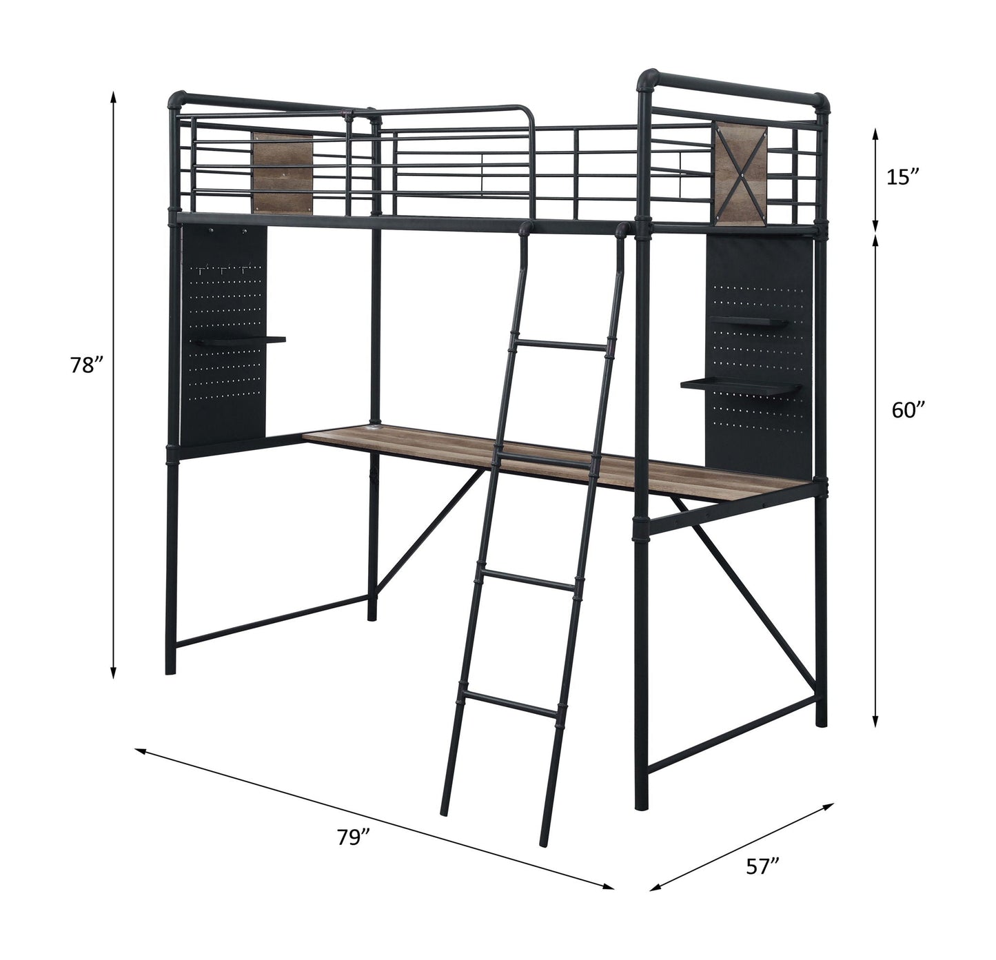 Cordelia - Twin Loft Bed With Desk - Antique Oak, Sandy Black & Dark Bronze Hand-Brushed