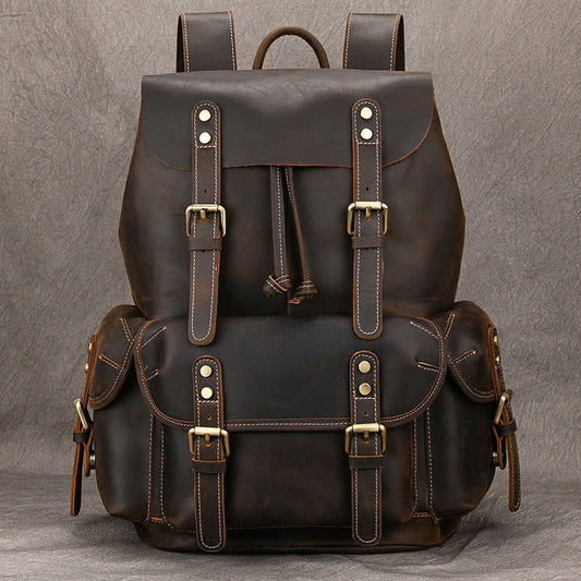 Large Capacity Crazy Horse Leather Backpack Travel Outdoor Flip