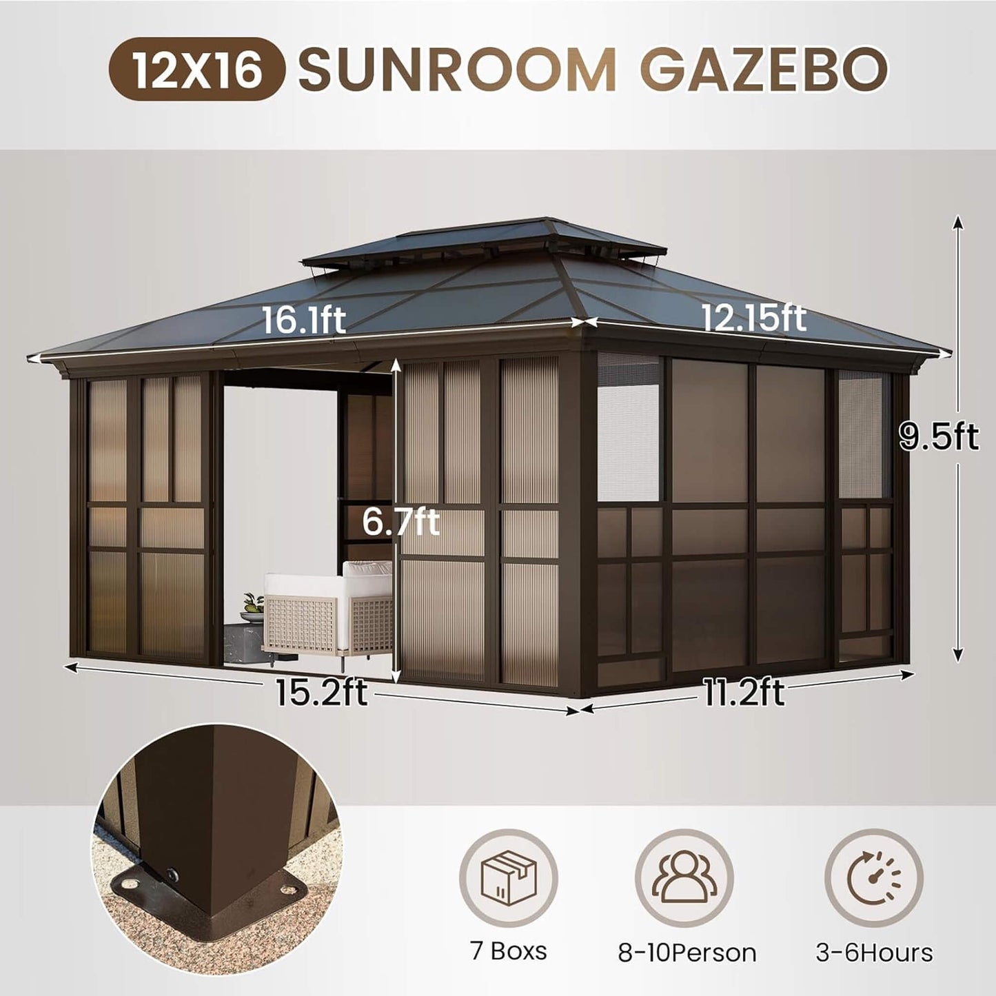 Alora Edge Heavy-Duty Aluminum Frame Outdoor Backyard Solarium With Polycarbornate Roof And Adjustable Panels (SAK68513)
