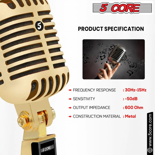 5Core Vintage Microphone Classic Dynamic Professional XLR Studio Retro Style Mic GOLD