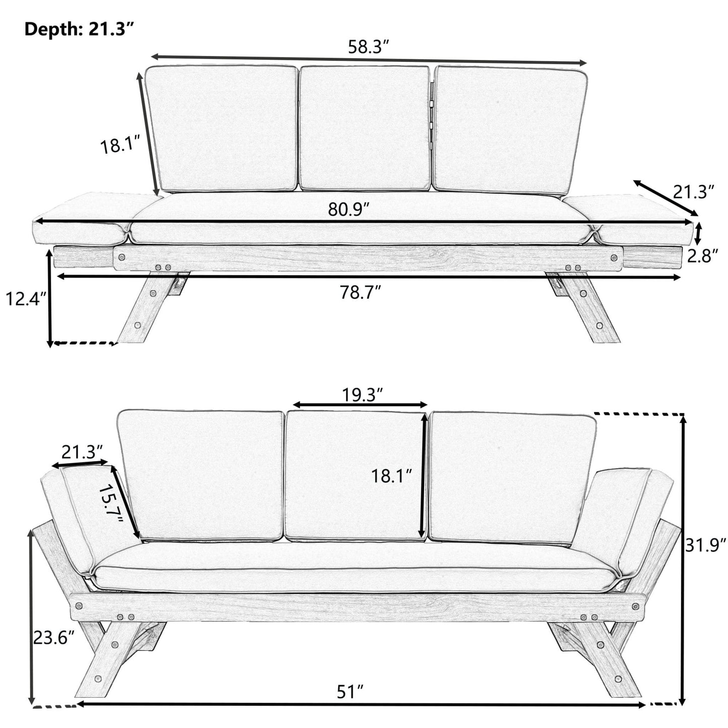 Alora Outdoor Adjustable Wooden Patio Daybed Sofa With Cushions (SAK41345)