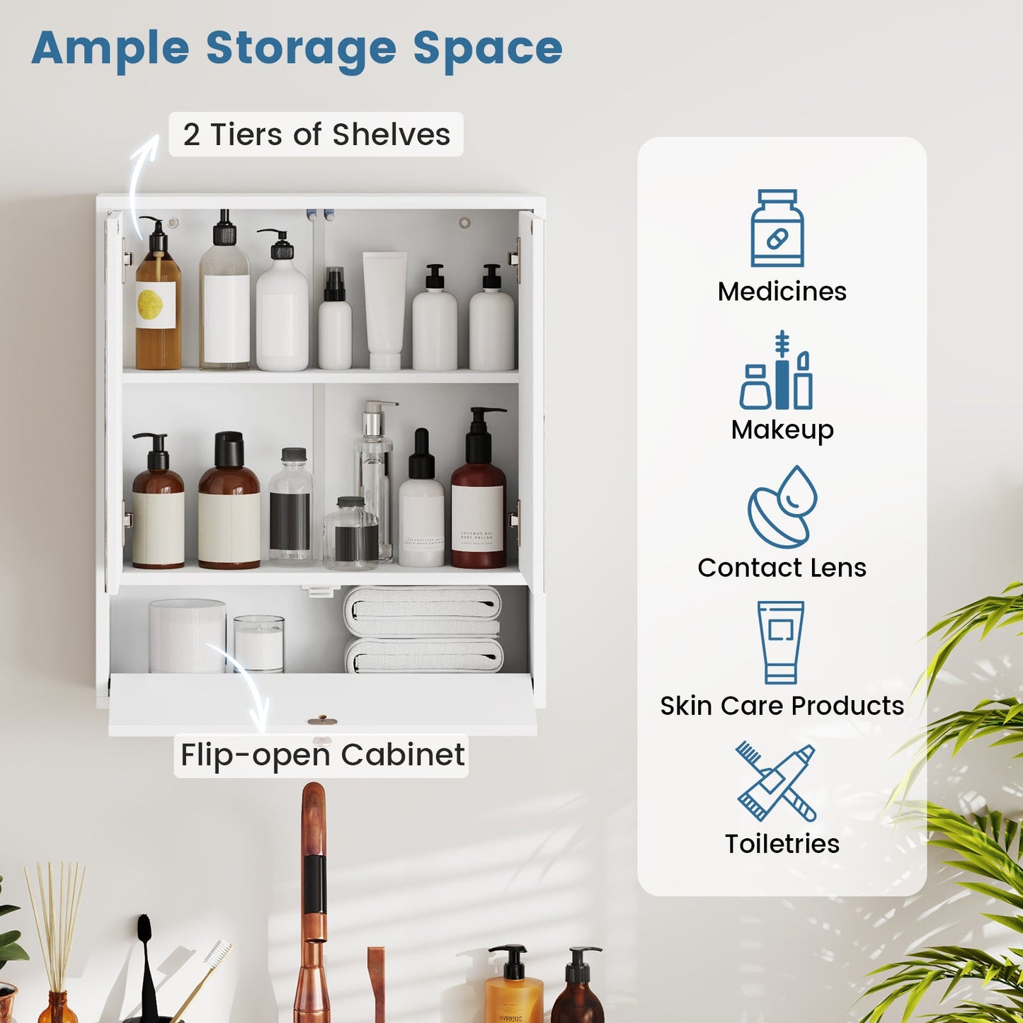 Double Door Wall-Mounted Bathroom Mirrored Medicine Cabinet-White