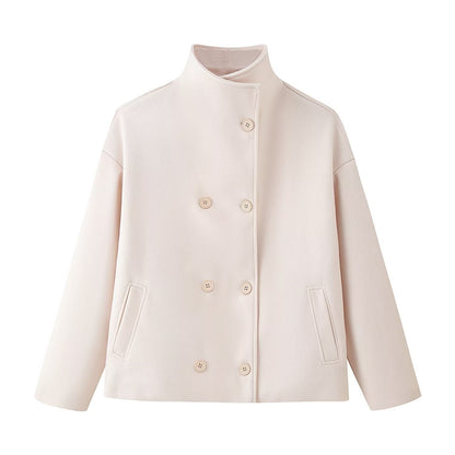 Womens Autumn Fashion Design Short Wool Coat With A Stand Collar And Double-Breasted Buttons