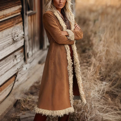 Women's Spring And Autumn Fashion Retro Suede Edge Solid Color Long Wind Jacket