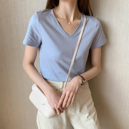 Womens Loose-Fit Round-Neck V-Neck Pure Cotton T-Shirt