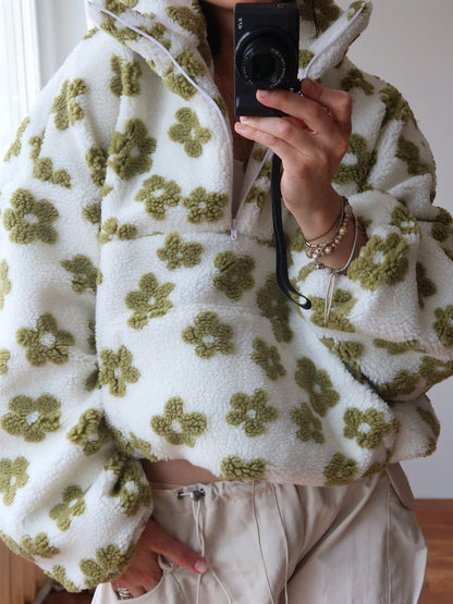 Winter Flowers Lambskin Sweatshirt With Big Pocket Casual Loose Zip-up Lapel Pullover Top Women's Clothing