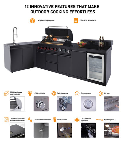 85.2" 4+1 Burner 71,500 BTU Black Outdoor Kitchen Island Grill+ Sink + Refrigerator