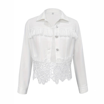 Womens Lapel Hem Hollow-Out Patchwork Tassel Coat