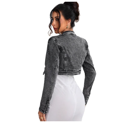 Womens Retro Short Casual Denim Jacket With Zipper