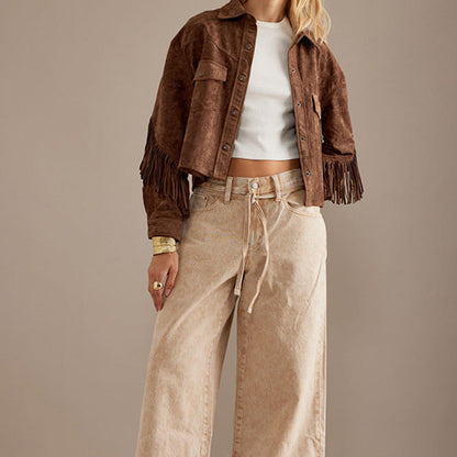 Brown Jacket With A Lapel Tassel Detailing, And Long Sleeves