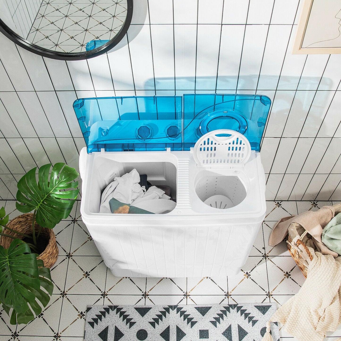 26 LBS Twin Tub Portable Washing Machine with Built-In Drain Pump-Gray