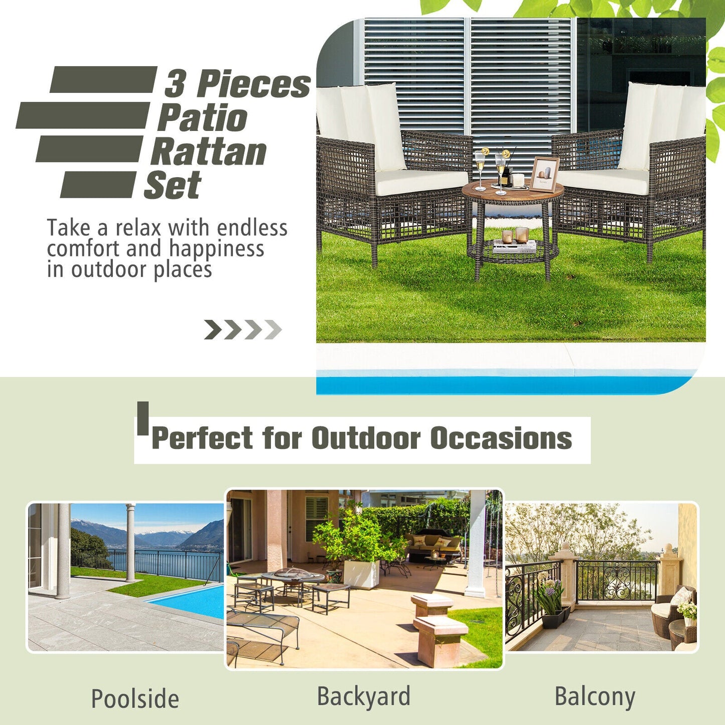 3 Pieces Patio Rattan Furniture Set with Cushioned Sofas and Wood Table Top-White