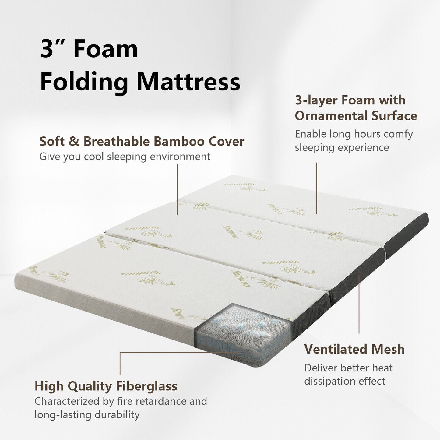 Portable Tri-fold Memory Foam Floor Mattress Topper Portable with Carrying Bag