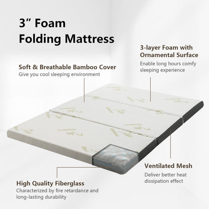 Portable Tri-fold Memory Foam Floor Mattress Topper Portable with Carrying Bag