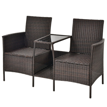 Patio Rattan Wicker Conversation Set Sofa Cushioned Loveseat Glass Table