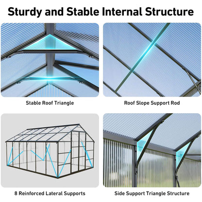 [10X12FT] Outdoor Polycarbonate Aluminum Greenhouse With UV Protection And Thermometer (SAK59183)