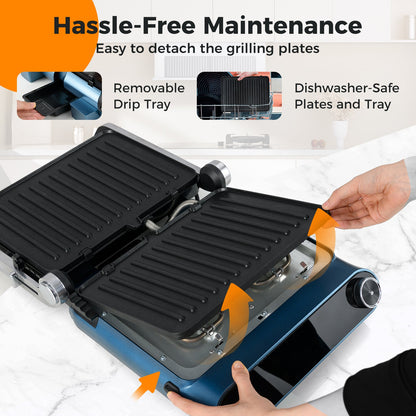1200W Panini Press Grill with LED Display and 7 Grilling Modes-Blue