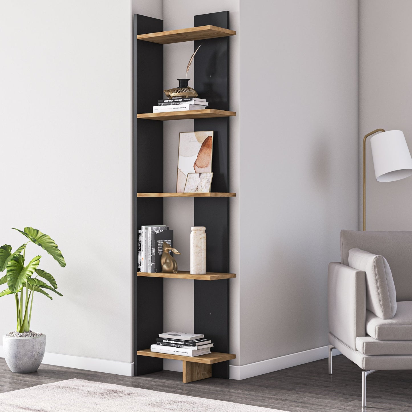 Alice 67” Corner Bookcase – 5-Tier Narrow L-Shaped Wall-Mounted Corner Bookshelf