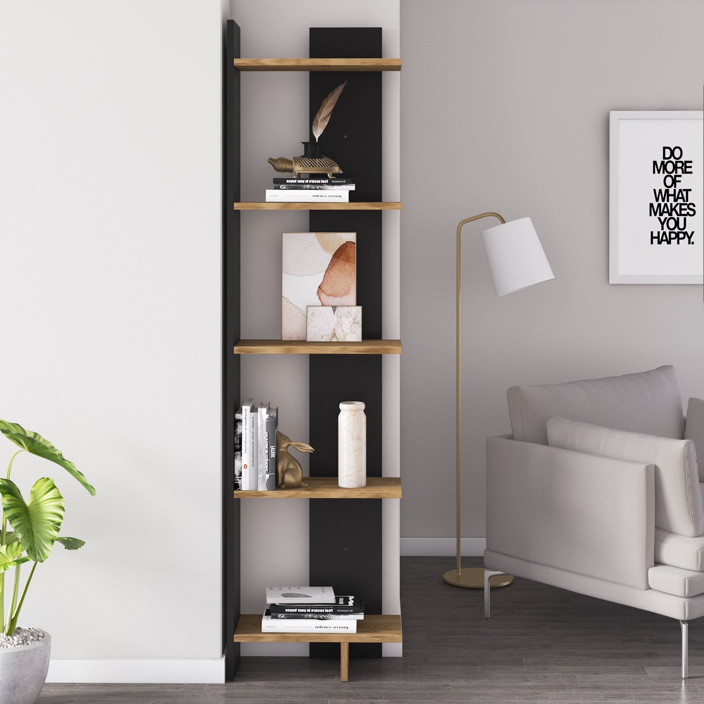 Alice 67” Corner Bookcase – 5-Tier Narrow L-Shaped Wall-Mounted Corner Bookshelf