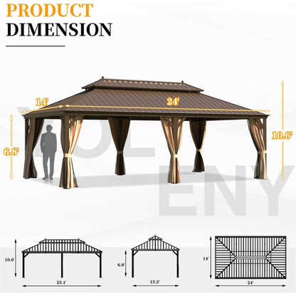 [14X24FT] Alora Heavy-Duty Aluminum Galvanized Steel Double Roof Hardtop Gazebo With Netting And Curtains (SAK41853)