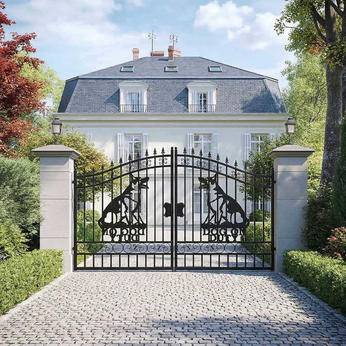 14x7 ft Steel Dual Swing Driveway Gate with Dog Pattern