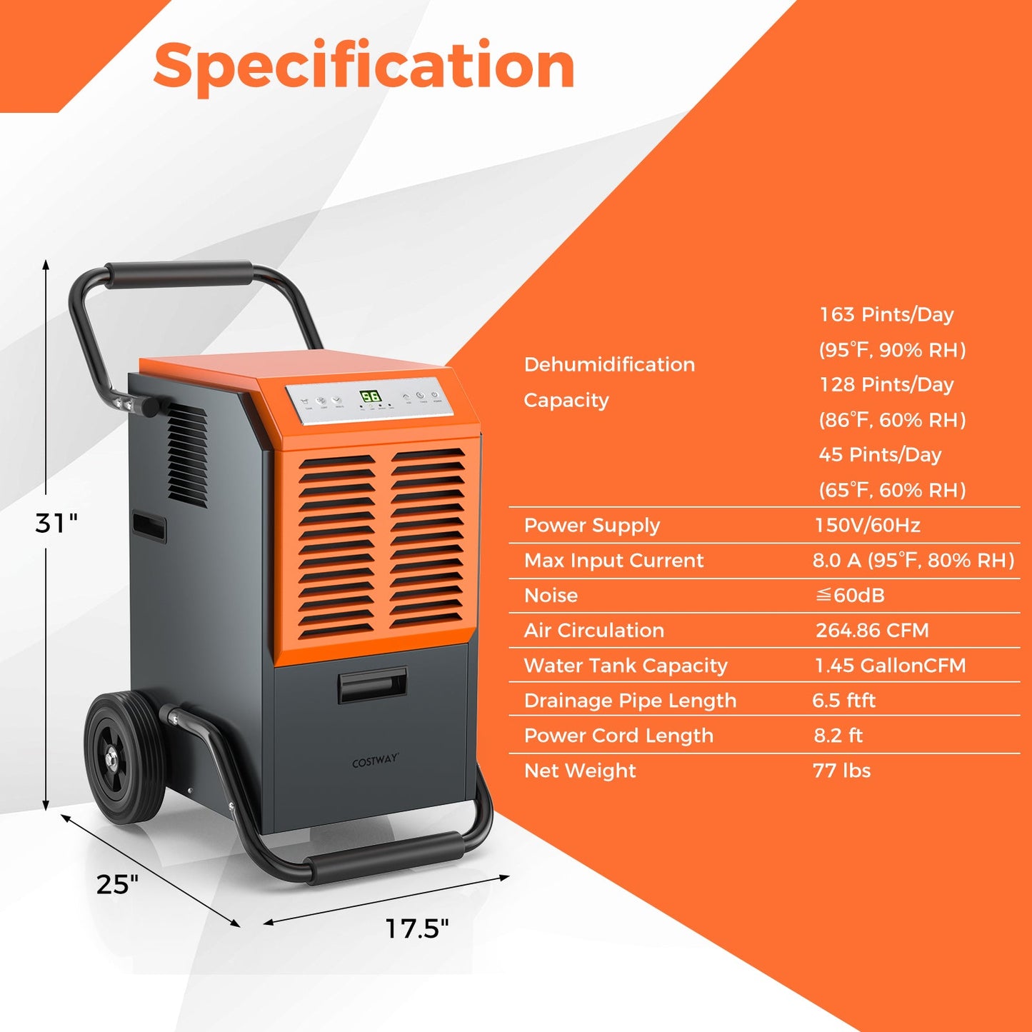 163 Pints Commercial Dehumidifier with Drain Hose and 24H Timer-Gray