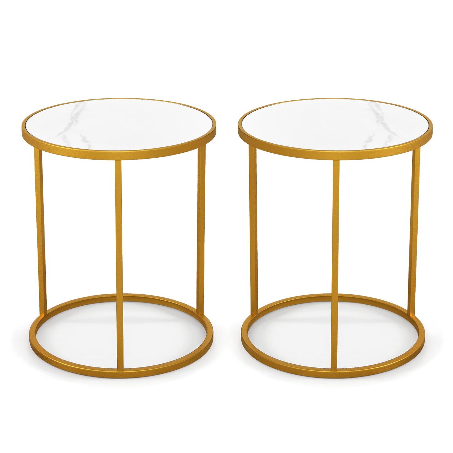 16 Inch Marble Top Round Side Table with Golden Metal Frame for Living Room Bedroom