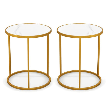16 Inch Marble Top Round Side Table with Golden Metal Frame for Living Room Bedroom