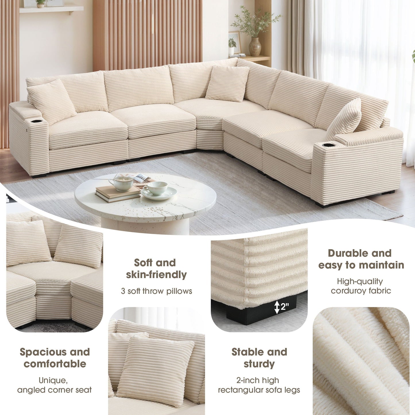 Convertible L Shaped Sectional Corner Couch With Armrest Storage Cup Holders USB Charger, Irregular Corner Oversized Comfy Modular Sofa